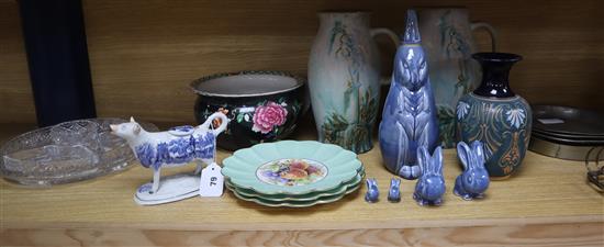 A quantity of Denby jugs, a Denby water bottle by Gilbert, a Doulton vase, a Victorian cow creamer and Shelley plates etc
